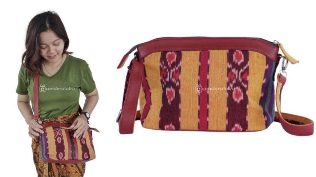 Sling Bag atau Tas Selempang Etnik Tenun Troso Kombinasi Kulit Sintetis