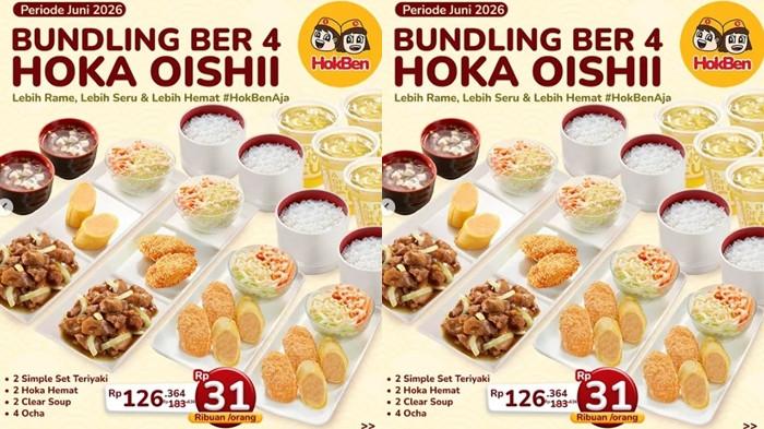 PROMO HOKBEN - Paket Bundling Hoka Oishii . Makan kenyang berempat Rp 126.364. (Instagram@hokben.id)