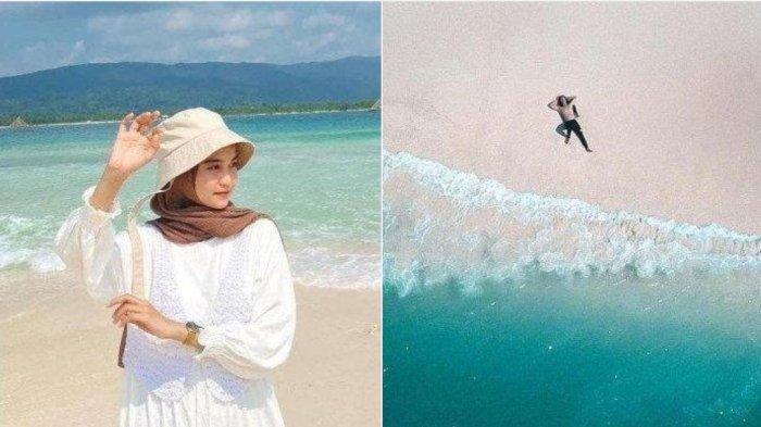 Kolase dua foto wisatawan saat menikmati pantai pasir putih alami di Pulau Oar yang sangat indah.