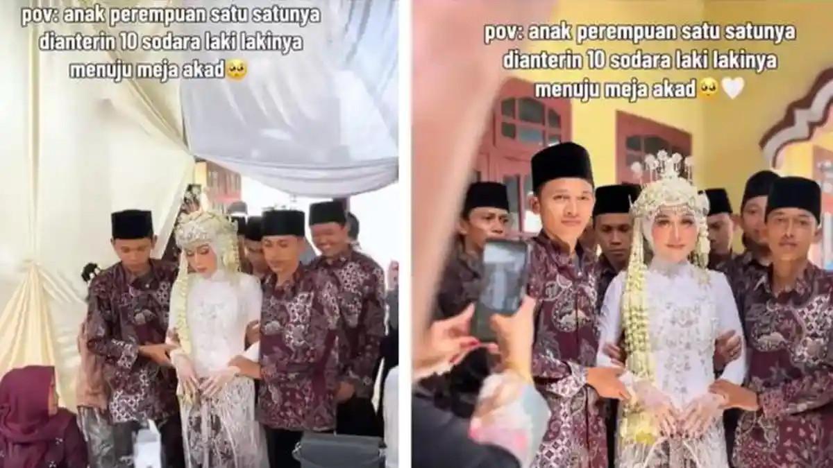 PERNIKAHAN VIRAL - Tangkapan layar akun TikTok @_mii.ami pada Kamis (18/6/2026), memperlihatkan momen pernikahan anak perempuan dari 11 bersaudara di Kabupaten Lampung Timur, Lampung. Pengantin perempuan merupakan anak kesembilan. Saat momen akad nikah, gadis bernama Ami itu dikawal ketat oleh 10 saudara lelakinya.