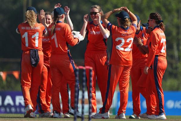 Robine Rijke of the Netherlands celebrates with team mates after taking the wicket of Esther Iloku of Uganda for 3 runs during the ICC Women's Emerging Nations Trophy 2025 match between Netherlands and Uganda.