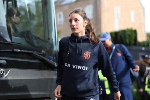 Lara Leemhuis of Netherlands arrives at the stadium prior to the ICC Women's T20 World Cup match between Bangladesh and Netherlands at Edgbaston.