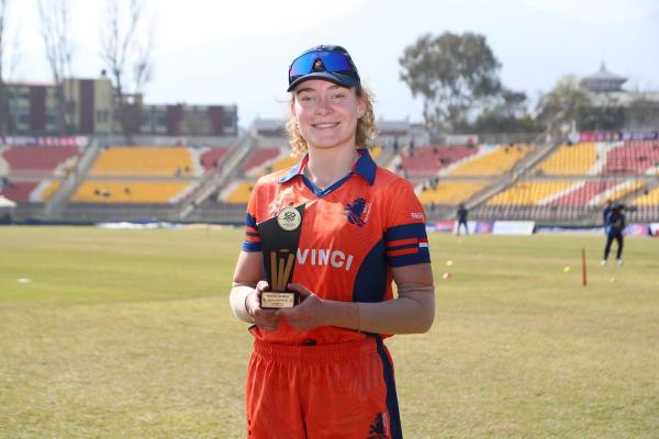 Isabel Van Der Woning of Netherlands  with the Player of the Match award following the team's victory during the ICC Women´s T20 World Cup 2026 Qualifier match between Nepal and Netherlands.