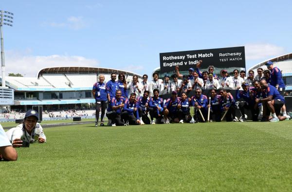 Jubilation: Jemimah Rodrigues takes her customary winning selfie with the team. India has now won four of its last five women’s Tests, while England has lost four of its last five.
