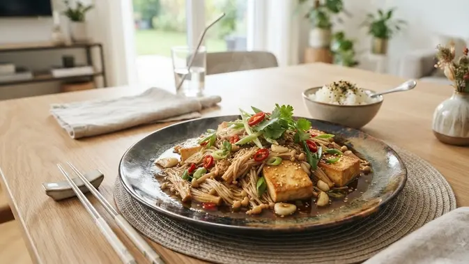 Sekilas tentang Jamur Enoki Tofu Saus Tiram (AI Generated)