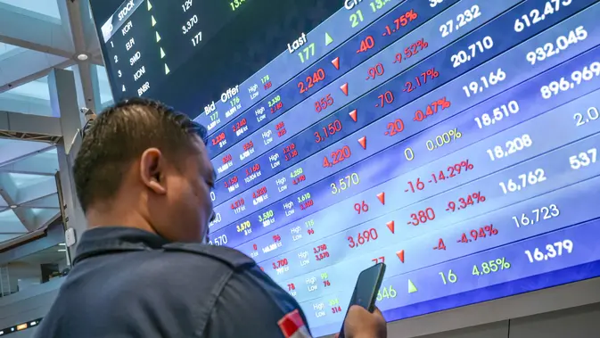 Sesi Pertama Perdagangan, IHSG Ditutup Melemah ke Level 6.734 Seorang pria melihat ponselnya di depan layar yang menampilkan Indeks Harga Saham Gabungan (IHSG). (BAY ISMOYO/AFP)