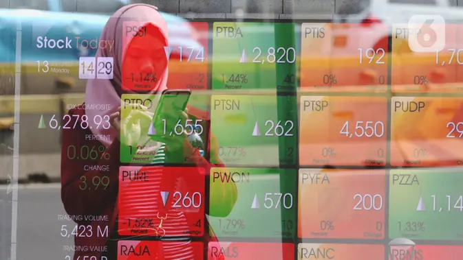 IHSG Awal Pekan Ditutup di Zona Hijau Pejalan kaki melintas dekat layar pergerakan Indeks Harga Saham Gabungan (IHSG) di kawasan Jakarta. (Liputan6.com/Angga Yuniar)