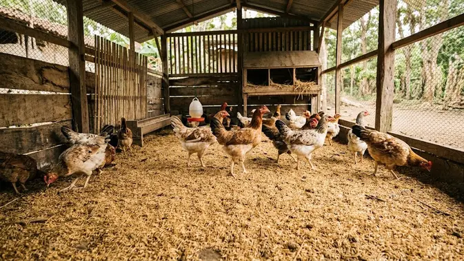 Kandang Ayam dengan Alas Sekam Padi. (Gambar: AI Generated)