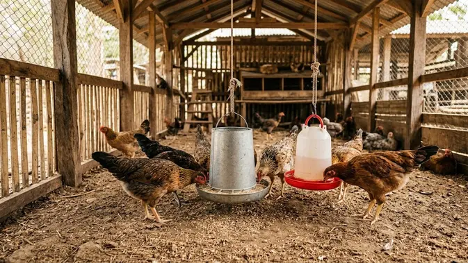 Kandang dengan Tempat Pakan dan Minum Gantung. (Gambar: AI Generated)