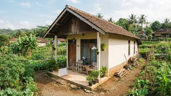 Model rumah di pinggir kebun yang sederhana dan hemat biaya model satu lantai dengan teras depan (AI generated)