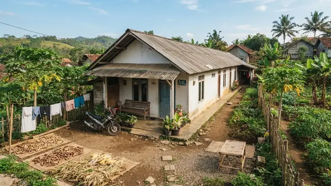 Model rumah di pinggir kebun yang sederhana dan hemat biaya model memanjang mengikuti lahan (AI generated)