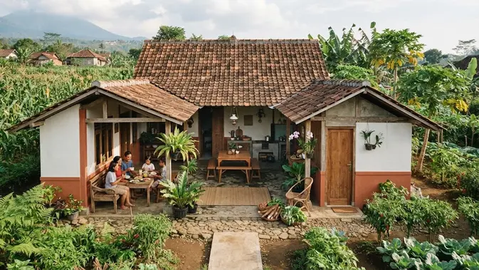 Model rumah di pinggir kebun yang sederhana dan hemat biaya model ruang tengah luar (AI generated)