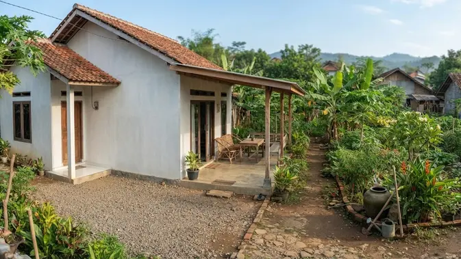 Model rumah di pinggir kebun yang sederhana dan hemat biaya model dengan teras samping (AI generated)