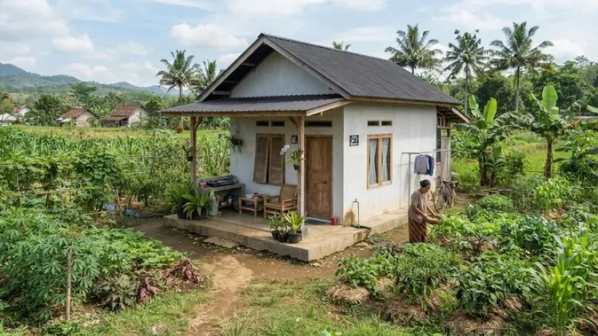 Model rumah di pinggir kebun yang sederhana dan hemat biaya model dengan dua kamar (AI generated)