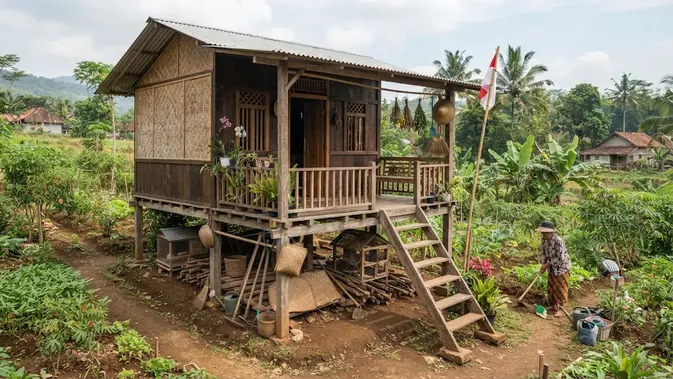 Model rumah di pinggir kebun yang sederhana dan hemat biaya model rumah panggung sederhana (AI generated)