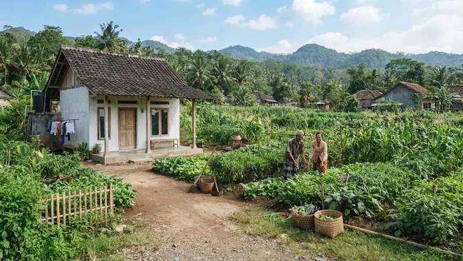 Model rumah di pinggir kebun yang sederhana dan hemat biaya model rumah dengan halaman luas (AI generated)