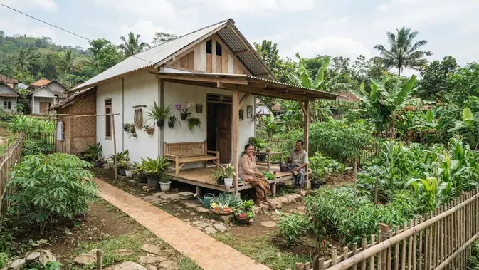 Model rumah di pinggir kebun yang sederhana dan hemat biaya model dengan serambi belakang (AI generated)