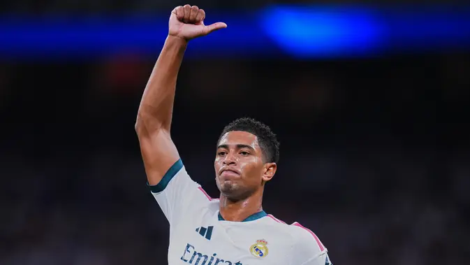 Pemain Real Madrid Jude Bellingham beraksi dalam laga La Liga Spanyol antara Real Madrid vs Real Sociedad di Madrid, Spanyol, Rabu, 26 Agustus 2026. (AP Photo/Manu Fernandez)