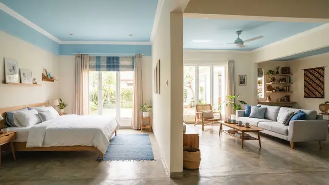 Ide warna plafon selain putih yang tetap membuat ruangan terlihat lapang model biru muda untuk kamar dan ruang santai (AI generated)