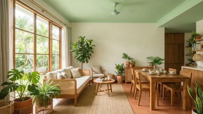 Ide warna plafon selain putih yang tetap membuat ruangan terlihat lapang model hijau muda untuk ruangan dengan unsur tanaman (AI generated)