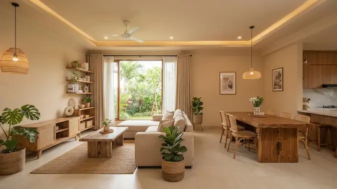 Ide warna plafon selain putih yang tetap membuat ruangan terlihat lapang model beige untuk plafon dan dinding senada (AI generated)