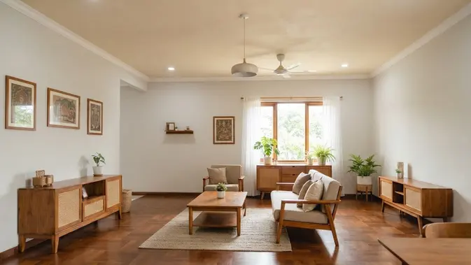 Ide warna plafon selain putih yang tetap membuat ruangan terlihat lapang model krem untuk ruangan dengan dinding warna netral (AI generated)
