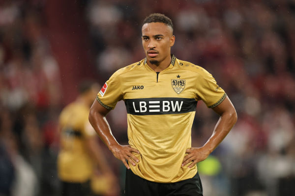 MUNICH, GERMANY - AUGUST 28: Jamie Leweling of VfB Stuttgart reacts during the Bundesliga 2026/27 match between FC Bayern München and VfB Stuttgart at Allianz Arena on August 28, 2026 in Munich, Germany. (Photo by Alex Grimm/Getty Images)