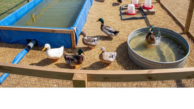Ide Kandang Bebek dengan Area Kering dan Tempat Berendam (AI Generated)