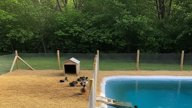 Ide Kandang Bebek dengan Area Kering dan Tempat Berendam (AI Generated)
