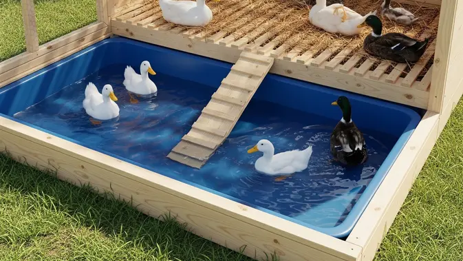 Ide Kandang Bebek dengan Area Kering dan Tempat Berendam (AI Generated)