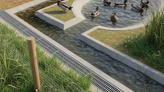 Ide Kandang Bebek dengan Area Kering dan Tempat Berendam (AI Generated)