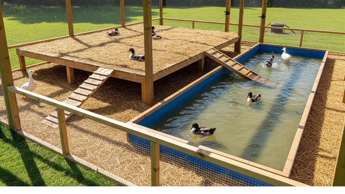 Ide Kandang Bebek dengan Area Kering dan Tempat Berendam (AI Generated)