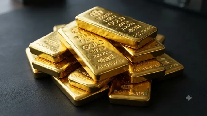 Harga emas dunia. Harga emas spot turun 0,5% menjadi US$ 4.431,39 per ounce, setelah sebelumnya menyentuh level terendah sejak pertengahan Agustus. (Ilustrasi by AI)