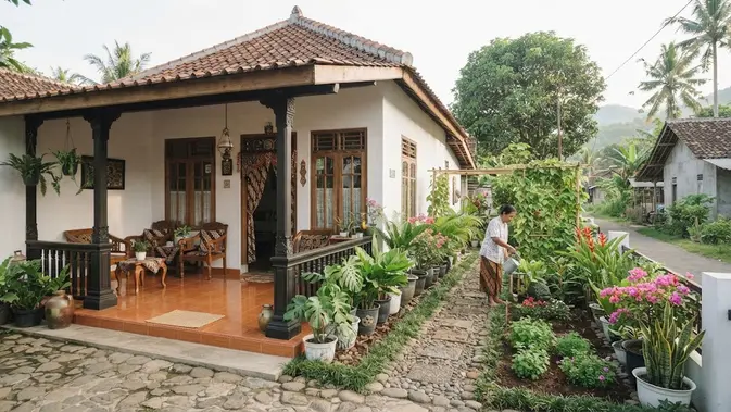 Desain rumah kampung dengan taman kecil di samping yang jadi definisi hunian slow living model taman samping dengan teras depan Desain rumah kampung dengan taman kecil di samping yang jadi definisi hunian slow living model taman samping dengan teras depan (AI generated)
