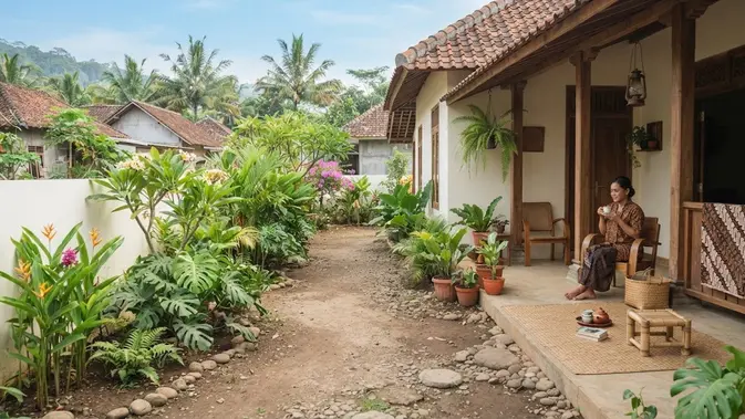 Desain rumah kampung dengan taman kecil di samping yang jadi definisi hunian slow living model taman samping terbuka Desain rumah kampung dengan taman kecil di samping yang jadi definisi hunian slow living model taman samping terbuka (AI generated)