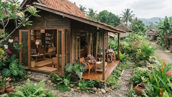 Desain rumah kampung dengan taman kecil di samping yang jadi definisi hunian slow living model kayu dengan taman samping memanjang Desain rumah kampung dengan taman kecil di samping yang jadi definisi hunian slow living model kayu dengan taman samping memanjang (AI generated)