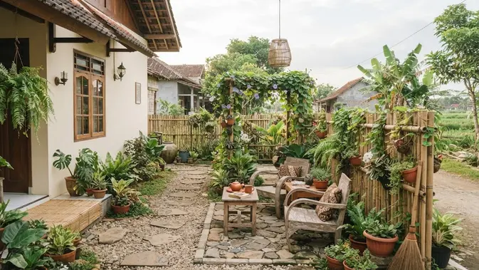 Desain rumah kampung dengan taman kecil di samping yang jadi definisi hunian slow living model taman samping dengan ruang duduk Desain rumah kampung dengan taman kecil di samping yang jadi definisi hunian slow living model taman samping dengan ruang duduk (AI generated)