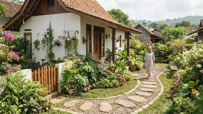Desain rumah kampung dengan taman kecil di samping yang jadi definisi hunian slow living model taman samping dengan jalur batu Desain rumah kampung dengan taman kecil di samping yang jadi definisi hunian slow living model taman samping dengan jalur batu (AI generated)