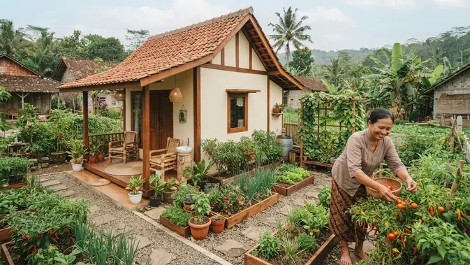 Desain rumah kampung dengan taman kecil di samping yang jadi definisi hunian slow living model taman samping untuk tanaman pangan Desain rumah kampung dengan taman kecil di samping yang jadi definisi hunian slow living model taman samping untuk tanaman pangan (AI generated)