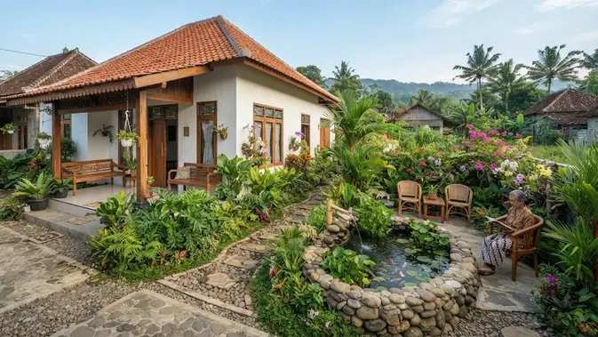 Desain rumah kampung dengan taman kecil di samping yang jadi definisi hunian slow living model dengan kolam kecil Desain rumah kampung dengan taman kecil di samping yang jadi definisi hunian slow living model dengan kolam kecil (AI generated)