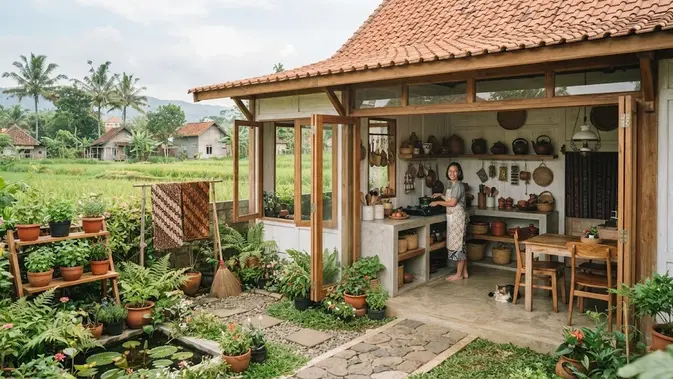 Desain rumah kampung dengan taman kecil di samping yang jadi definisi hunian slow living model taman samping dengan dapur terbuka Desain rumah kampung dengan taman kecil di samping yang jadi definisi hunian slow living model taman samping dengan dapur terbuka (AI generated)