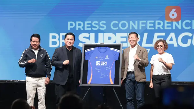 Emtek Kembali Jadi Official Broadcaster BRI Super League 2026/2027 Peluncuran BRI Super League 2026/2027 dihadiri Ketua Umum PSSI Erick Thohir, Direktur Utama PT Bank Rakyat Indonesia (Persero) Tbk (BRI) Hery Gunardi, Direktur Utama I.League Ferry Paulus, dan Director of Emtek Media Harsiwi Ahmad di SCTV Tower, Jakarta, Selasa (1/9/2026). (KLY/Budy Santoso)