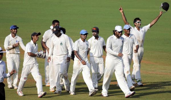 East Zone players celebrate after taking the first innings lead against Central Zone in the Duleep Trophy Final at M.A. Chidambaram Stadium in Chennai.