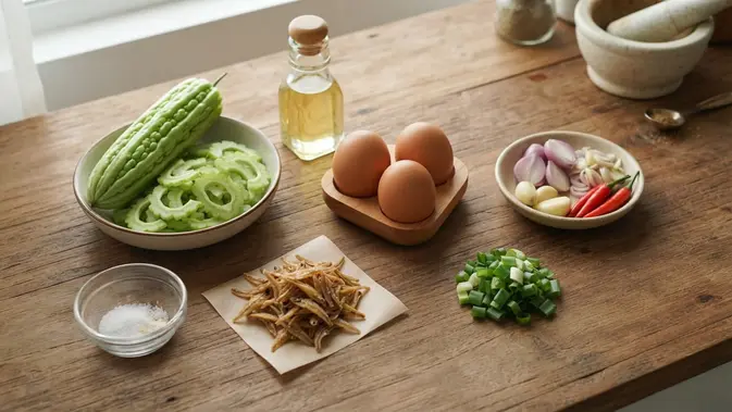 Resep Telur Dadar Pare dan Teri. Foto: AI Generted
