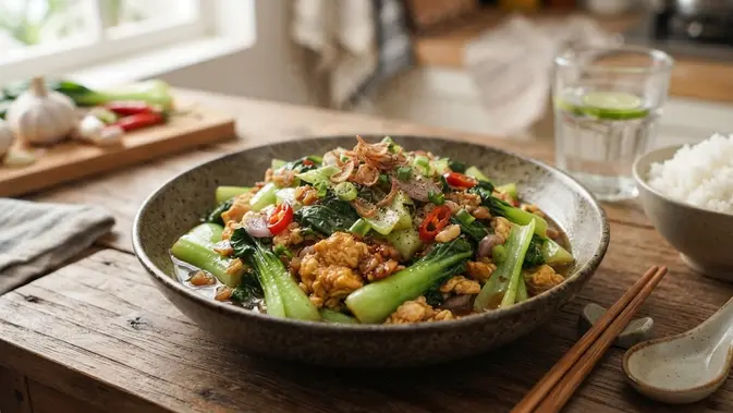 Resep Batang Pakcoy Tumis Telur dan Bawang Putih (AI Generated)