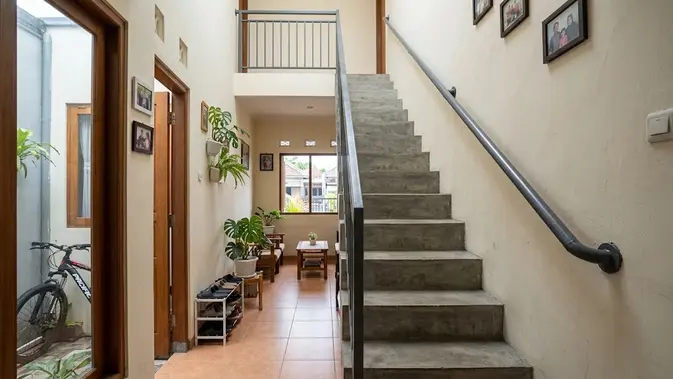 Tangga beton lurus rumah sempit. [AI Generated]