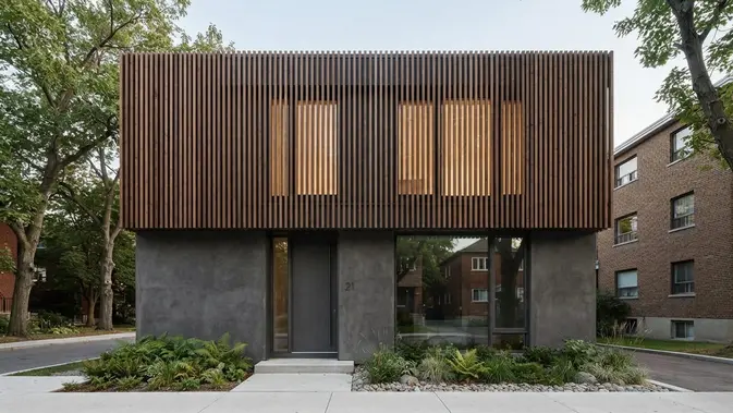 Model Fasad Rumah dengan Aksen Kayu Vertikal Aksen Kayu Vertikal Profil Slatted untuk Rumah Perkotaan (Urban Slatted Profile). Foto: AI Generated
