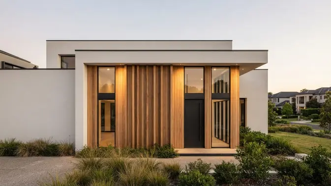 Model Fasad Rumah dengan Aksen Kayu Vertikal Kombinasi Material Campuran: Kayu Vertikal, Render Terang, dan Kaca Gelap. Foto; AI Generated