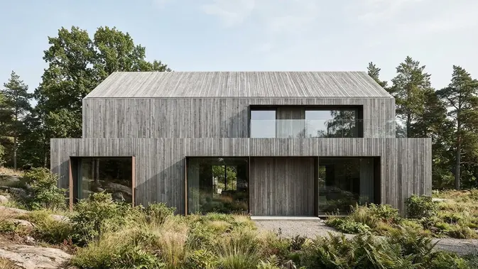 Model Fasad Rumah dengan Aksen Kayu Vertikal Desain Fasad Monolitik dengan Kelanjutan Panel ke Atap (Seamless Roof Cladding). Foto: AI Generated