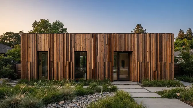 Model Fasad Rumah dengan Aksen Kayu Vertikal Fasad Dua Dimensi dengan Variasi Kedalaman Papan (Mix-and-Match Multi-Width). Foto: AI Generated